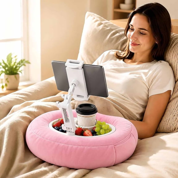 GJX Tablet Pillow Stand for Bed & Couch, Hands-Free & Ipad Holder with 360 Adjustable Arm, Soft Washable Lap Pillow with Side Storage Pockets, Fits 4.7"10" Tablets & Phones