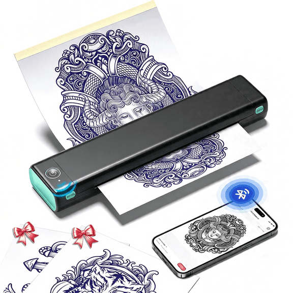 GJX Tattoo Stencil Printer, M08F Bluetooth Thermal Tattoo Printer with 10Pcs Transfer Paper, Compatible with Phone/Tablet/Pc, Tattoo Supplies for Tattoo Artist & Beginner, Black & Green