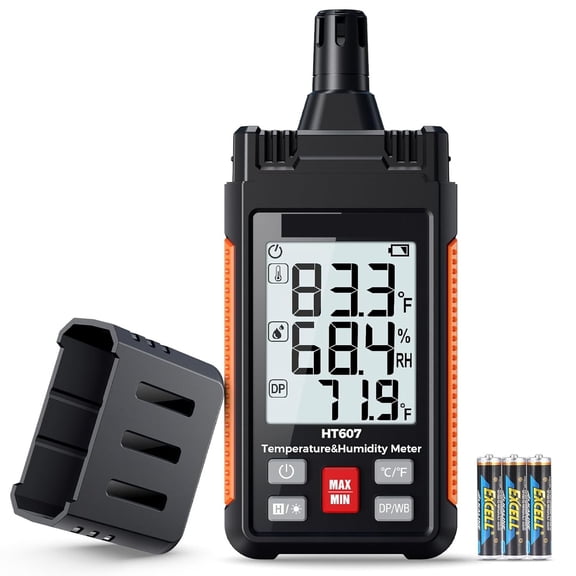 GJX Temperature Humidity Meter High Precision Digital Hygrometer with Ambient,Relative Humidity,Dew Point,Wet Bulb Thermometer,Min/Max Hold,LCD Backlight with Cover Protector
