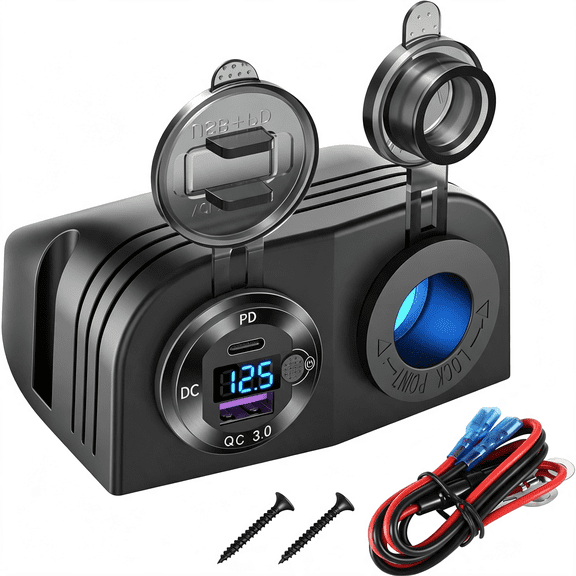GJX Tent Type Panel 12V Usb Outlet Lighted Cigarette Lighter Socket,Pd3.0&Qc3.0 Car Usb Port Aluminum Charger with Led Voltmeter&Switch,Waterproof Power Panel Adapter Diy Kit for Car Boat Marine