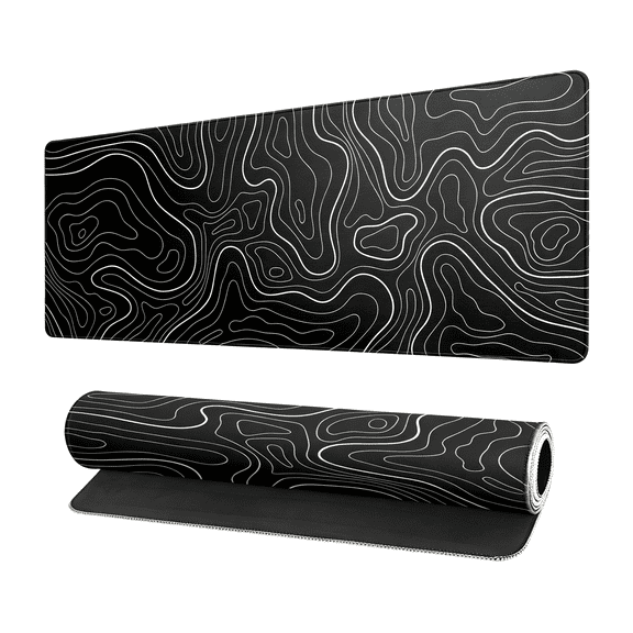 GJX Topographic Contour Black Gaming Mouse Pad Xl Geographic Map Lines Extended Big Large Desk Mat Non-Slip Rubber Base Stitched Edge Long Keyboard Mousepad for Pc Computer Laptop,31.5X11.8 Inch