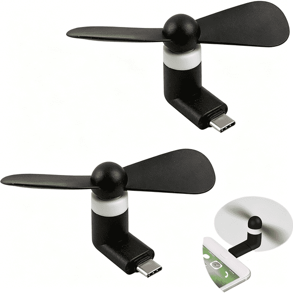 GJX Type C Phone Fan, Mini USB C Cooling Hand Fans Portable Summer Cooler for Type C Plug Devices-2 Pieces (Black)