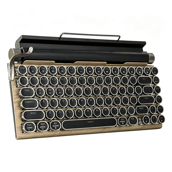GJX Typewriter-Style Retro Mechanical Keyboard Led Backlight 83 Keys Bluetooth 5.0 Blue Axis Wood Color Panel Compatible with Ios/Android/Windows/Vista/Linux/Mac Office/Gaming, 12.8X6.6X1.6In