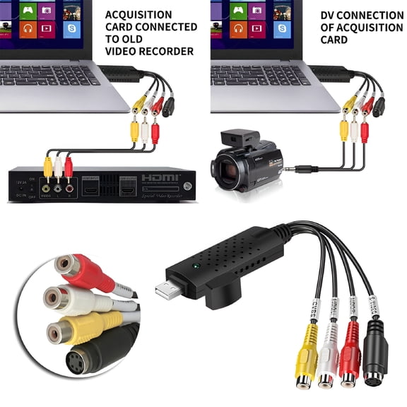 GJX USB 2.0 VHS to Digital Converter, Video Capture Card for PC Mac, RCA S-Video to DVD Recorder, NTSC PAL Support, Plug and Play Video Transfer Adapter, Black