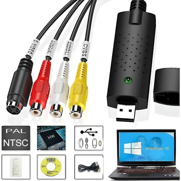 GJX USB 2.0 Video Capture Adapter for VHS to Digital, RCA S-Video Converter for Camcorder DVD Recorder to PC Laptop, NTSC PAL Support with Editing Software