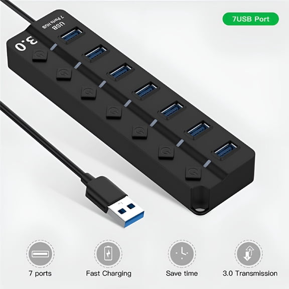 GJX USB Hub 3.0, 7-Port USB Data Hub Splitter with Individual On/Off Switches Extension for MacBook, Mac Pro/Mini and More