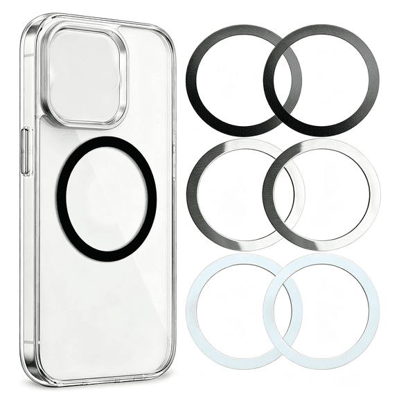 GJX Universal Metal Rings Compatible with Magsafe Sticker,Magnetic Ring for Phone Cases & Wireless Charging, 6 Pack (2 Black,2 White & 2 Silver) Universal Metal Rings Compatible