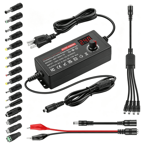 GJX Universal Power Supply Adjustable 3.5V~24V 3A 72W Variable 3.5V 5V 9V 12V 18V 20V 24V Ac/Dc Adapter,100V-240V Ac to Dc Converter with 16 Tips,4-Way Power Splitter Cable,Polarity Converter