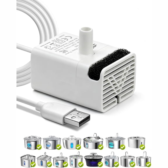 GJX Universal Submersible Pump for Many Stainless Steel Pet Fountain, Ultra Quiet Cat Water Fountain Pump Usb Motor, 4.92Ft Cable, Ipx8, Low Power, Long Lifespan, Easy to Clean