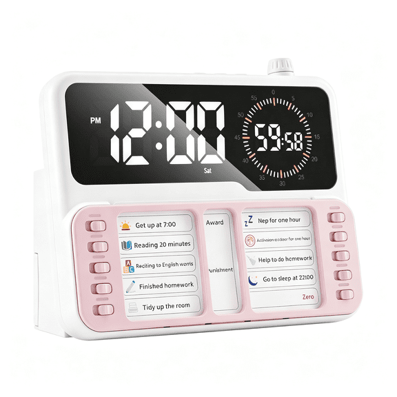 GJX Visual Timer for Kids/Adults,Adhd Tools for Kids with Visual Schedule,6-In-1 Time Timer with Alarm/Countdown/Digital Clock/Chore Chart,Smart Autism/Adhd Task Timer for Home Classroom-Pink