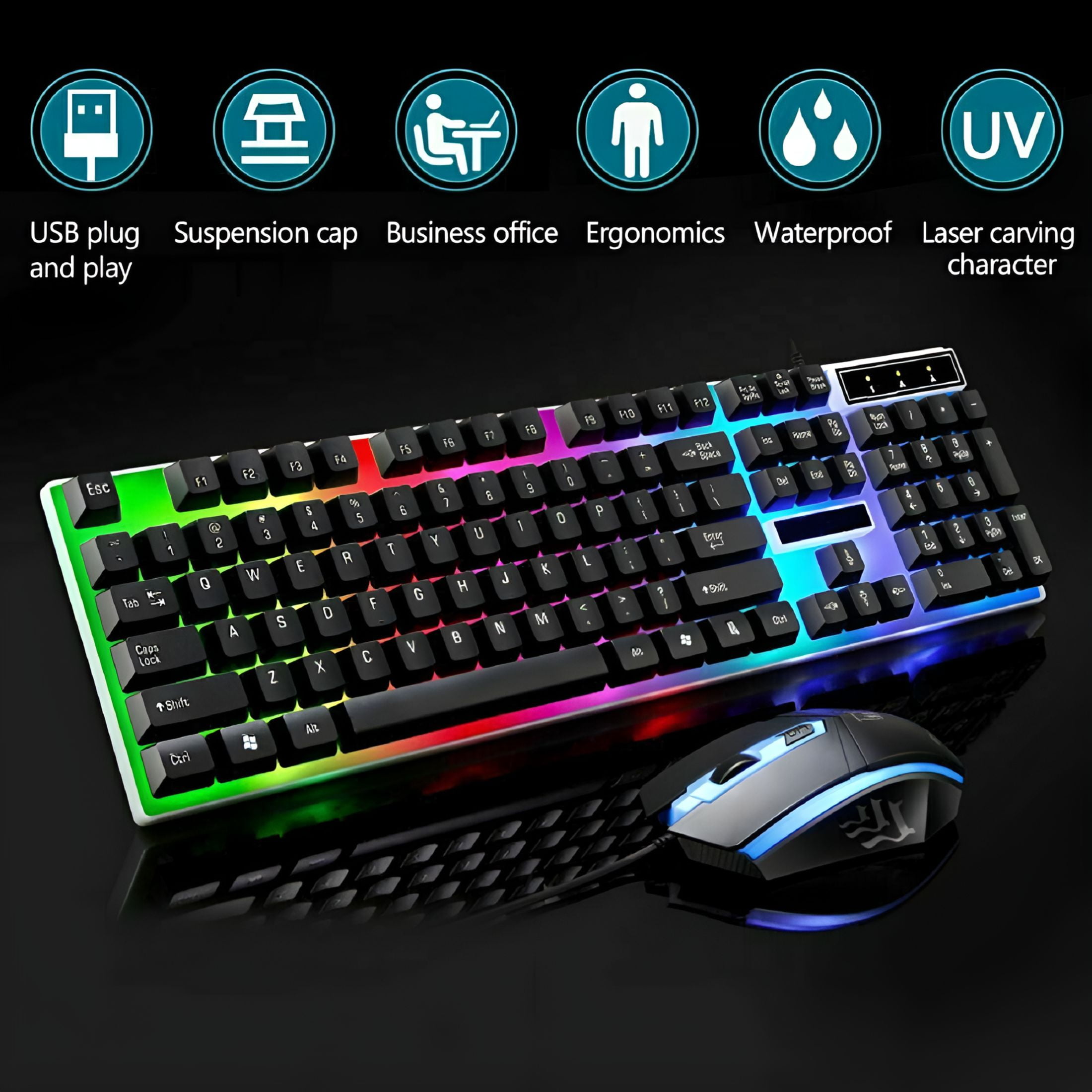 GJX Wired Computer Desktop Gaming Keyboard & Mouse Mechanical Feel ...