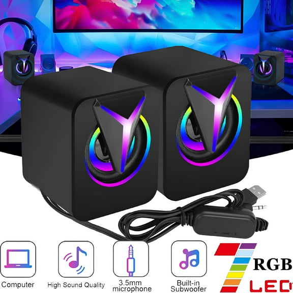 GJX Wired Computer Speakers with RGB LED Backlight, 6W Stereo Bass Mini Soundbar, 3.5mm USB Powered PC Audio System with Volume Control for Desktop, Laptop, and Tablet
