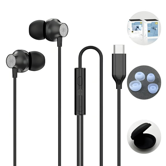 GJX Wired Earbuds USB C,Heavy Bass In-Ear Earphones with Microphone,Noise Isolating USB C Wired Earbuds,Type C Corded Headphones for Music,Black