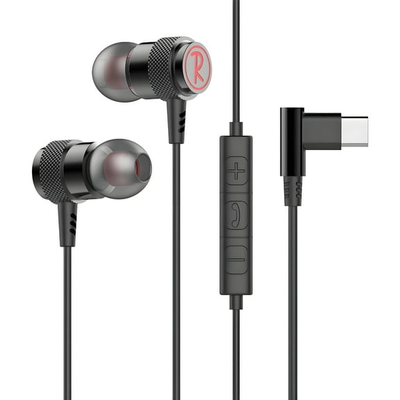 GJX Wired Headphones USB C,Gaming Earbuds with Mic Surround Sound,Alloy Built Bass Boost Earphones,Immersive Type C Wired Earbuds,Black