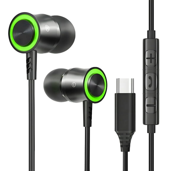 GJX Wired Headphones USB C,Noise Isolating In-Ear Earphones with Mic,Alloy Built Bass Enhanced Headphones,Universal Type C Wired Earbuds,Green