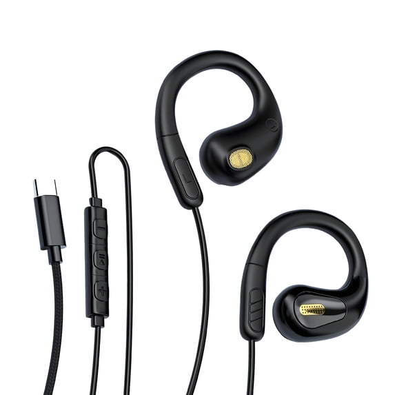 GJX Wired Headphones USB C,Open Ear Hook Design with Mic,Noise Cancelling USB C Earphones,Stereo Sound Type C Wired Earbuds,Black