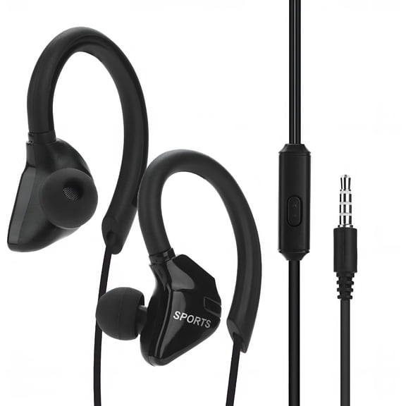 GJX Wired Sports Earbuds with Microphone, In-Ear Stereo Headphones with Ear Hooks, 3.5mm Jack Earphones for Gym Workout Running, Compatible with Android iOS Cell Phones, Black
