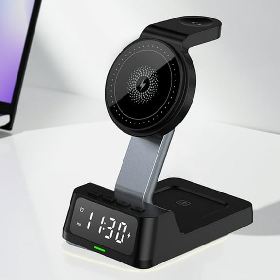 GJX Wireless Charging Station with Digital Alarm Clock, 15W Fast Charger for Ios & Android, 4-In-1 Multi-Device Stand for Phone, Watch, Headphones, Safe Charging