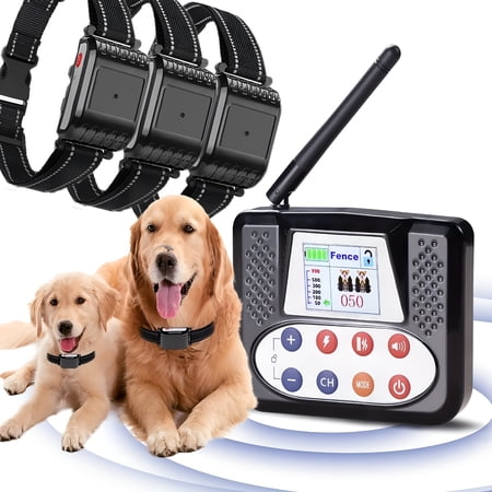 GJX Wireless Dog Fence System for 1-3 Dogs, Rechargeable Training Collar with Adjustable Boundary, Dual Power, Shock/Vibration/Sound Modes, Indoor & Outdoor Pet Containment