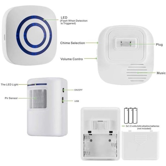 GJX Wireless Driveway Alarm Door Chimes, Business Smart Infrared Visitor Doorbell Chime, Indoor Home Security System with 1 Plug-In Receiver and 2 Pir Motion Sensor Detectors Weatherproof(White)