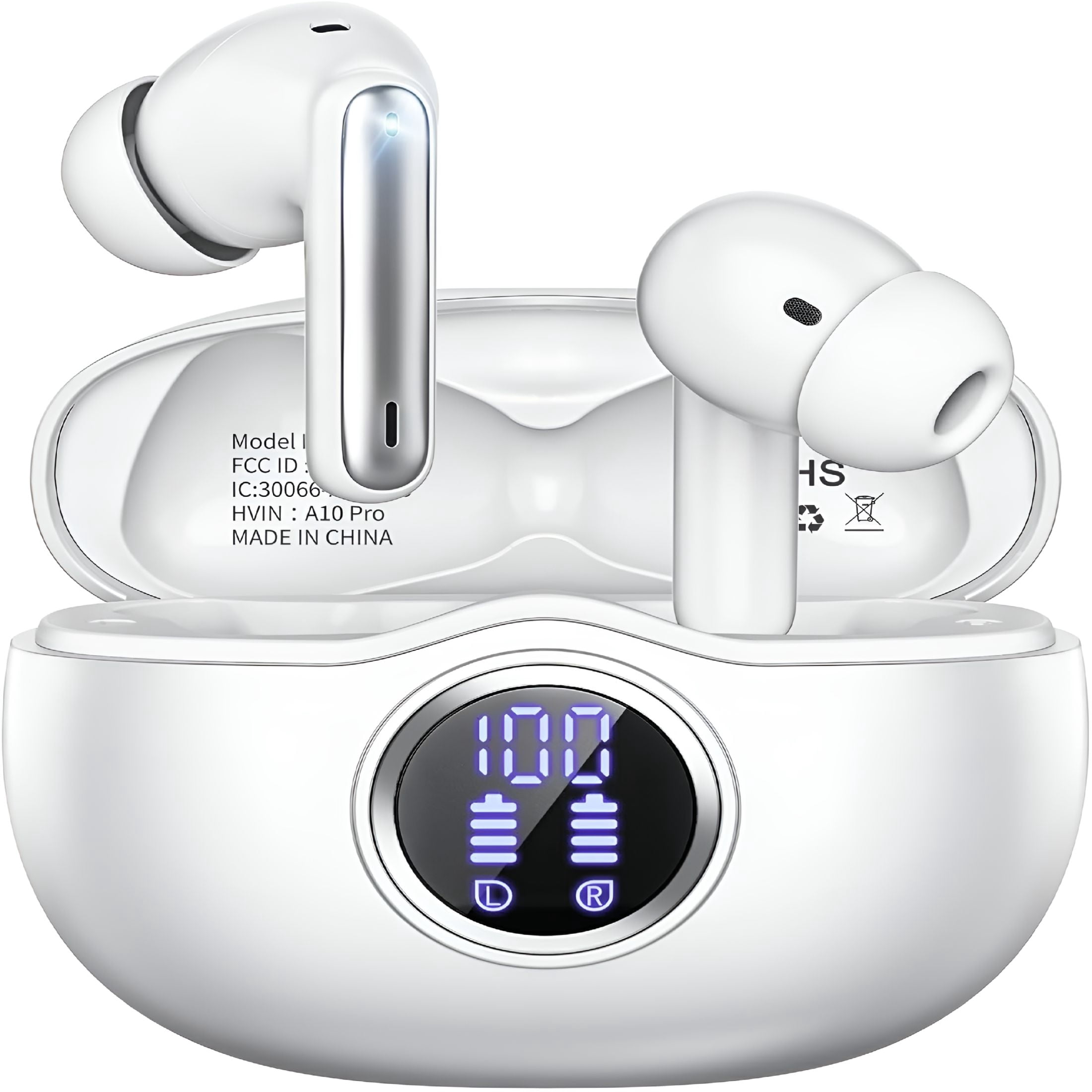 GJX Wireless Earbuds,Bluetooth 5.3 Headphones Hifi Stereo 50H Playback Led Digital Display Ear Buds with Enc Noise Canceling Headset,Ipx7 Waterproof Earphones for Gym/Running/Work(White)