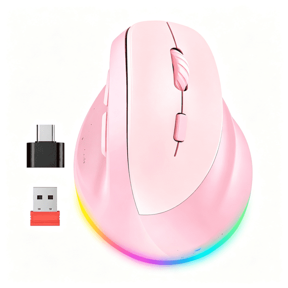 GJX Wireless Ergonomic Mouse,Rgb Backlit Rechargeable Right Hand Mouse,Bluetooth&2.4G Usb-A with Type-C Adapter,4 Adjustable Dpi,Compatible with Mac Android/Pc/Tablet Laptop,/Pink