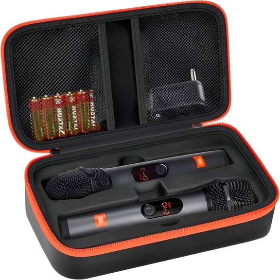 GJX Wireless Microphone Case Compatible with Wireless Two Microphone System, Handheld Dual Mic Travel Bag for Singing or Karaoke for Receivers, Adapters, AA Batteries-Black (Box Only)