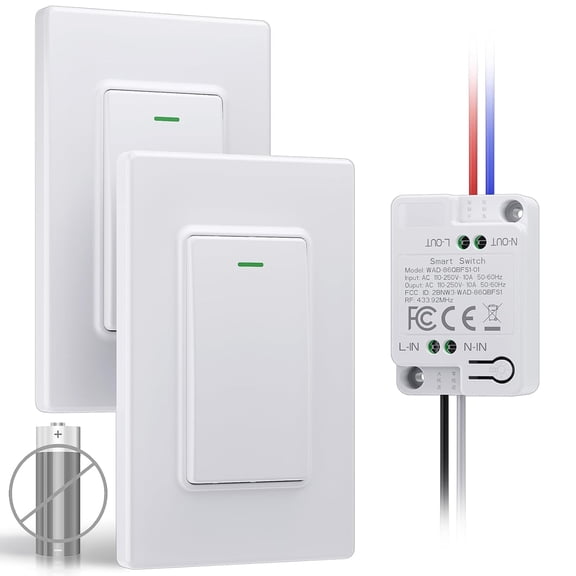 GJX Wireless Remote Light Switch Kit,2 Switches + 1 Receiver,Battery-Free Wireless Wall Switch,No New In-Wall Wiring,No Wi-Fi,For Stairs,Hallway,Bedroom