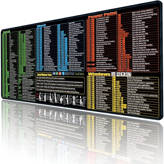 GJX XL Keyboard Shortcuts Mouse Pad, 31.5 x 11.8 Inch Excel Word PowerPoint Cheat Sheet Desk Mat, Waterproof Non-Slip Gaming Office Computer Mousepad with Over 200 Hotkeys Reference Guide