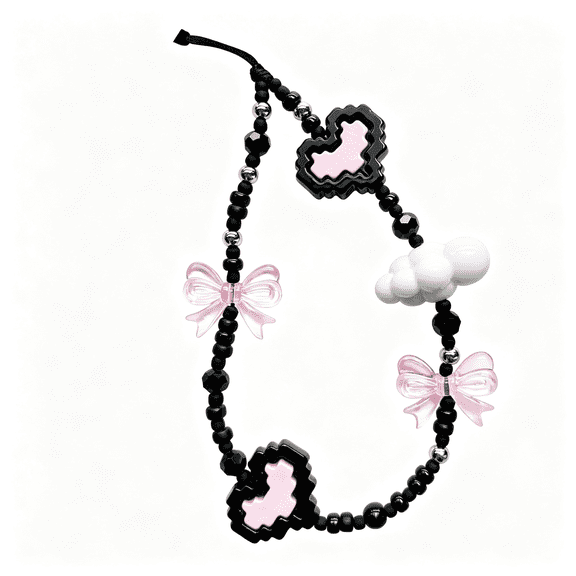 GJX Y2K Pixel Heart Bow Beaded Phone Charm Aesthetic Handmade Acrylic Wrist Strap Camera Lanyard for Women Girls Phone Charm for Women