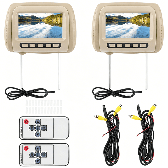 GJX headrest DVD Player 2 Screens, 2pcs Universal 7 in HD Car Headrest Video Players LCD Video Player Control Display Brown