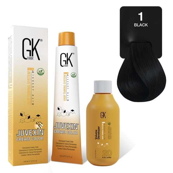 GK HAIR 1 Black Hair Color Cream Tube 3.4 Fl Oz + 20 Volume Developer 5 Fl Oz - Professional Permanent Long Lasting Toner Dye
