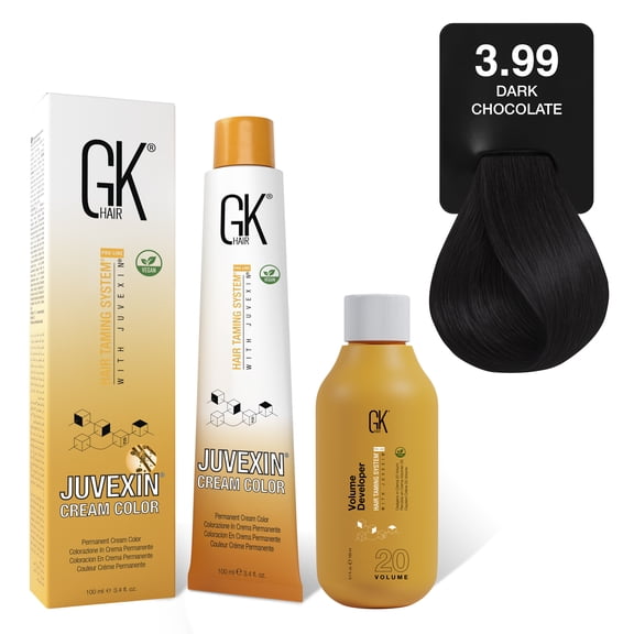 GK HAIR 3.99 Hair Color Cream Tube 3.4 Fl Oz + 20 Volume Developer 5 Fl Oz - Professional Permanent Long Lasting Toner Dye