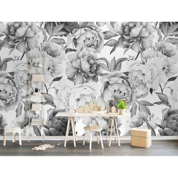 GK Wall Design Charcoal Flower Monochrome Peony Wallpaper H:49" x W:75"