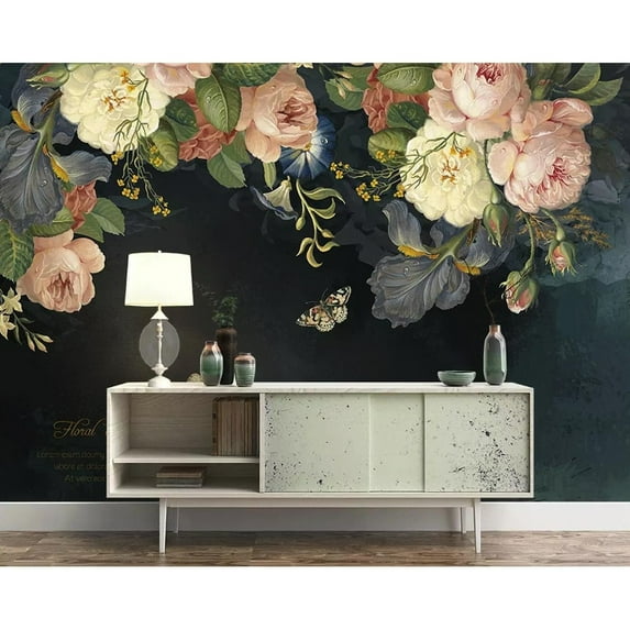 GK Wall Design Dark Floral Pink Peony Flower Removable Wallpaper H:75" x W:112"