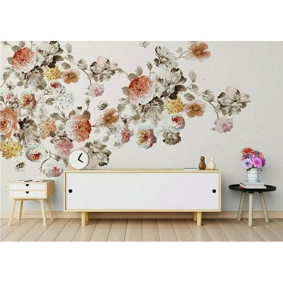 GK Wall Design Vintage Orange Flower Peony Blossom Bohemian Wallpaper H:114" x W:204"
