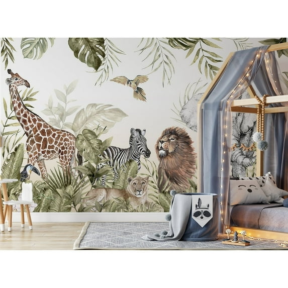 GK Wall Design Wildlife in the Tropical Jungle Safari Lion Leopard Elephant Giraffe Zebra Bird Wallpaper H:106" x W:187"