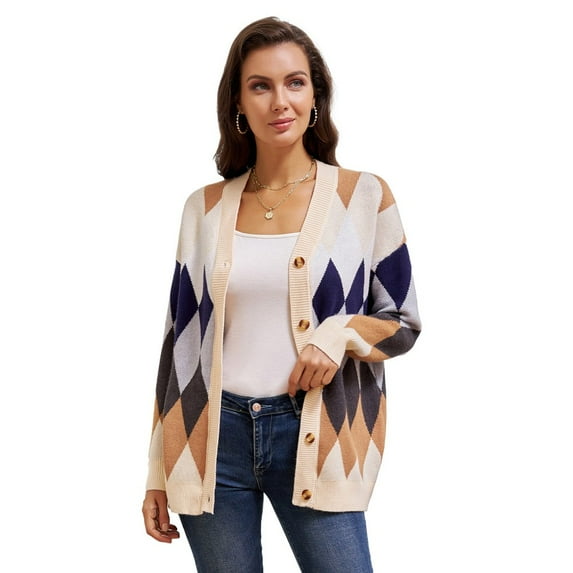 GK Women Contrast Color Cardigan Sweater Long Sleeve V-Neck Button-up Knitwear