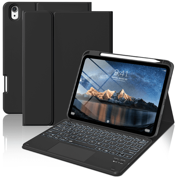 GKABXY Compatible for iPad 11th 10th Generation Case with Keyboard, Folio Cover with Pencil Holder, 7 Color Backlit, Detachable Keyboard,Noble Black
