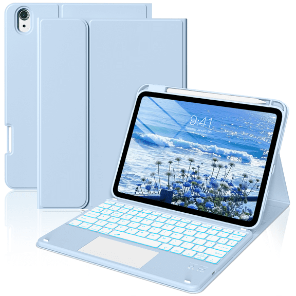 GKABXY Compatible for iPad 11th 10th Generation Case with Keyboard, Folio Cover with Pencil Holder, 7 Color Backlit, Detachable Keyboard，Sky Blue