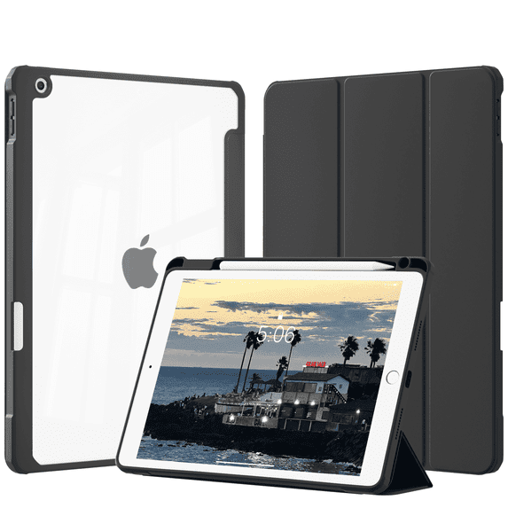 GKABXY Case for iPad 7/8/9th Generation 10.2 inch Transparent Case Hard PC Back, Built-in Pencil Holder, Tri-fold Stand, Auto Wake/Sleep, Black