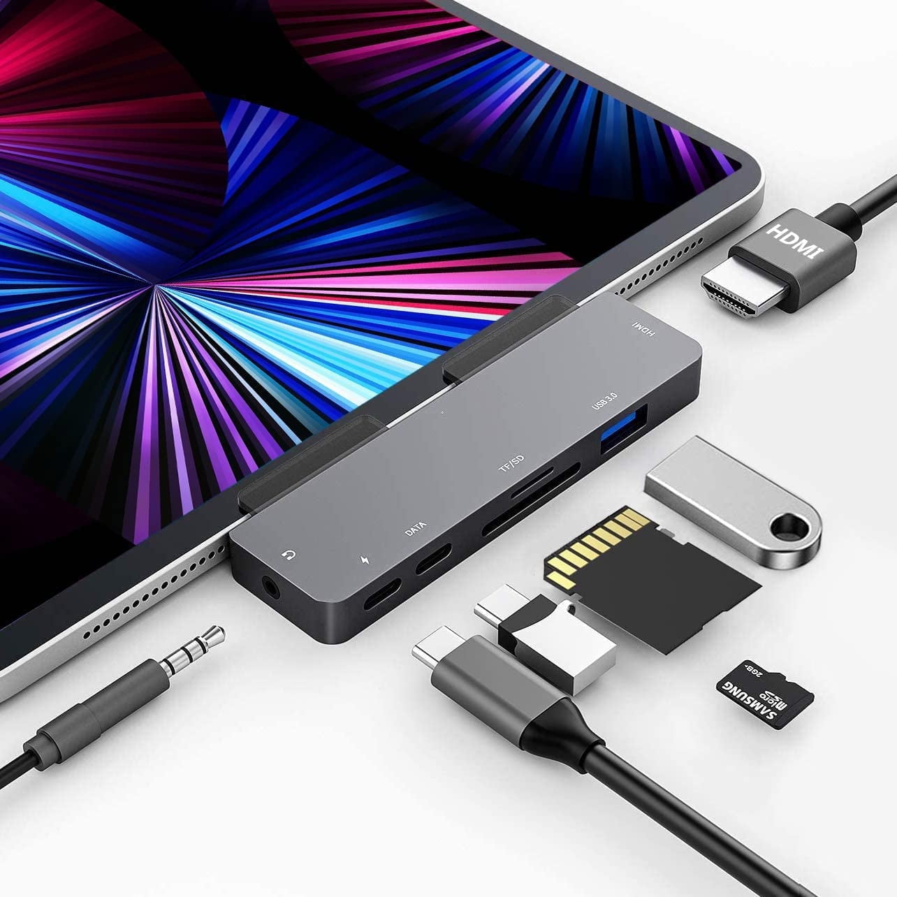 GKEAPZA iPad Pro USB C Hub Adapter for iPad Pro M4 M2 M1 2024,7-in-1 Hub with 4K@60Hz HDMI,3.5mm Jack,USB3.0,PD 60W,SD/TF Card Slot,iPad Air 4/5,iPad Mini 6,iPad Accessories