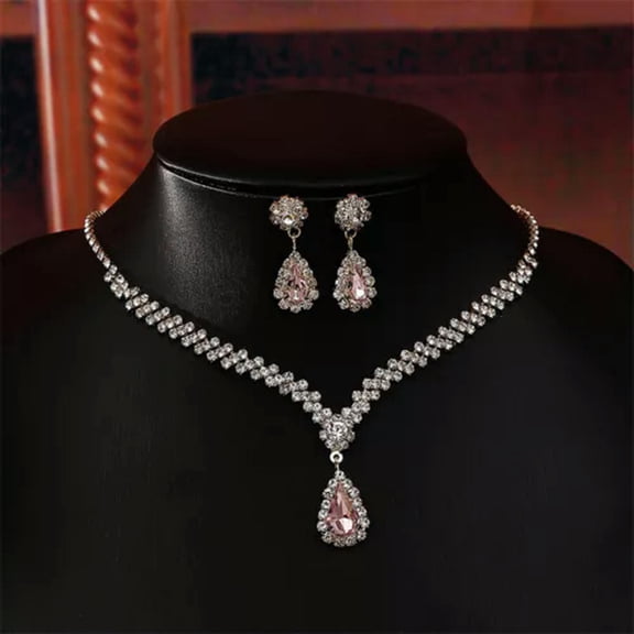GKNET 1 Set Bridal Necklace Earrings Water Drop-shaped Rhinestone Delicate Jewelry For Wedd WY4-Pink