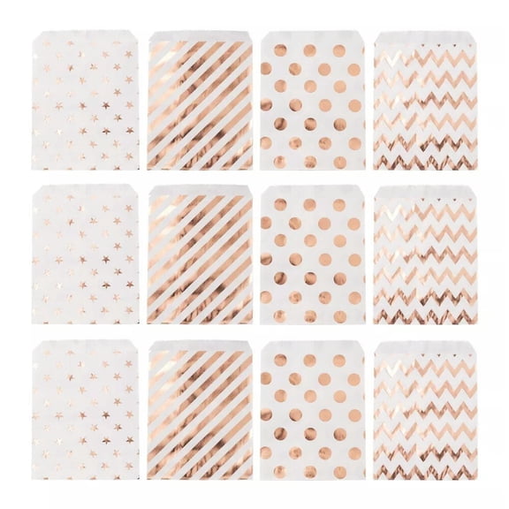 GKNET 100Pcs Kraft Paper Bags Rose Gold Stripe Polka Dot Pattern 18x13cm Food Storage