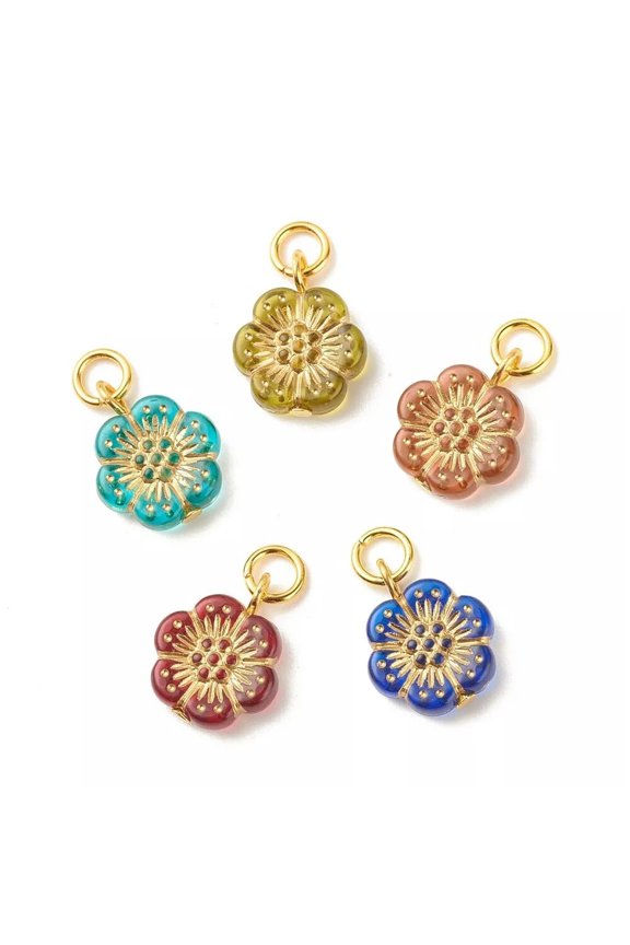 100Pcs Plating Acrylic Charms Plum Blossom Flower Carved Pendants Golden Hook