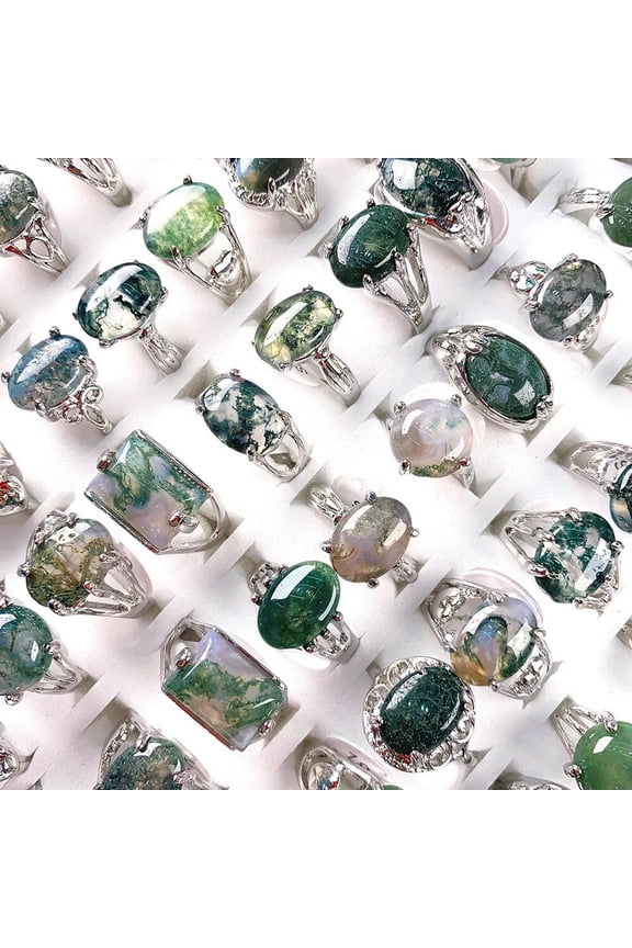 100Pcs Wholesale Delicate Jewelry Natural Stone Moss Agate Gemstone Silver Plated Rings