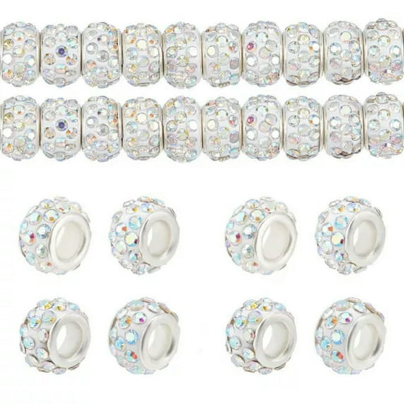 GKNET 100pcs Rhinestone European Beads Large Hole Polymer Clay Spacer Bead 10~12mm-Crystal AB