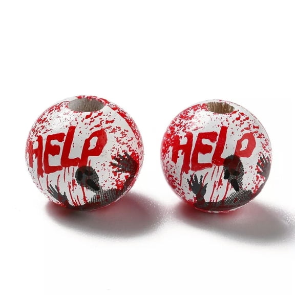 GKNET 100pcs Spray Painted Wood Beads Round with Word Help 16mm Halloween Decoration