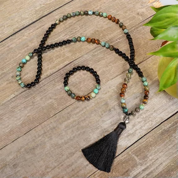 GKNET 108 Mala Beads African Turquoise Obsidian Tiger's Eye Tassel Necklace Bracelet-1Set