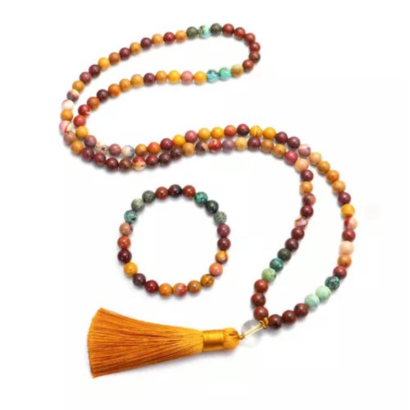 GKNET 108 Mala Beads African Turquoise Yolk Stone Tassel Necklace Bracelet Elastique-1 Set